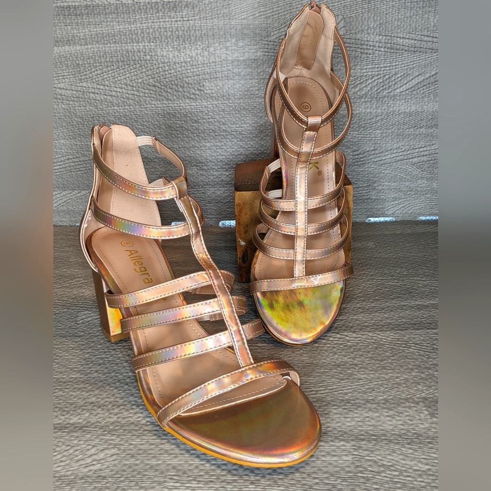 Allegra K Rose Gold Iridescent Strappy Block Heel Sandals